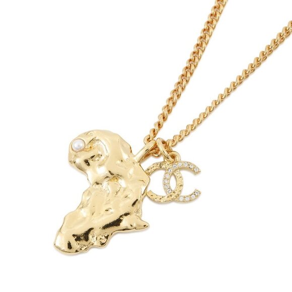 CHANEL CC Logo African Continent Motif Necklace Metal/Faux Pearl /Rhinestone - Picture 2 of 15